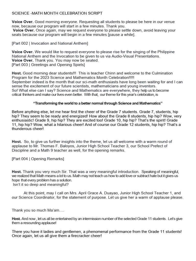 Science and Math Month Celebration Script | PDF