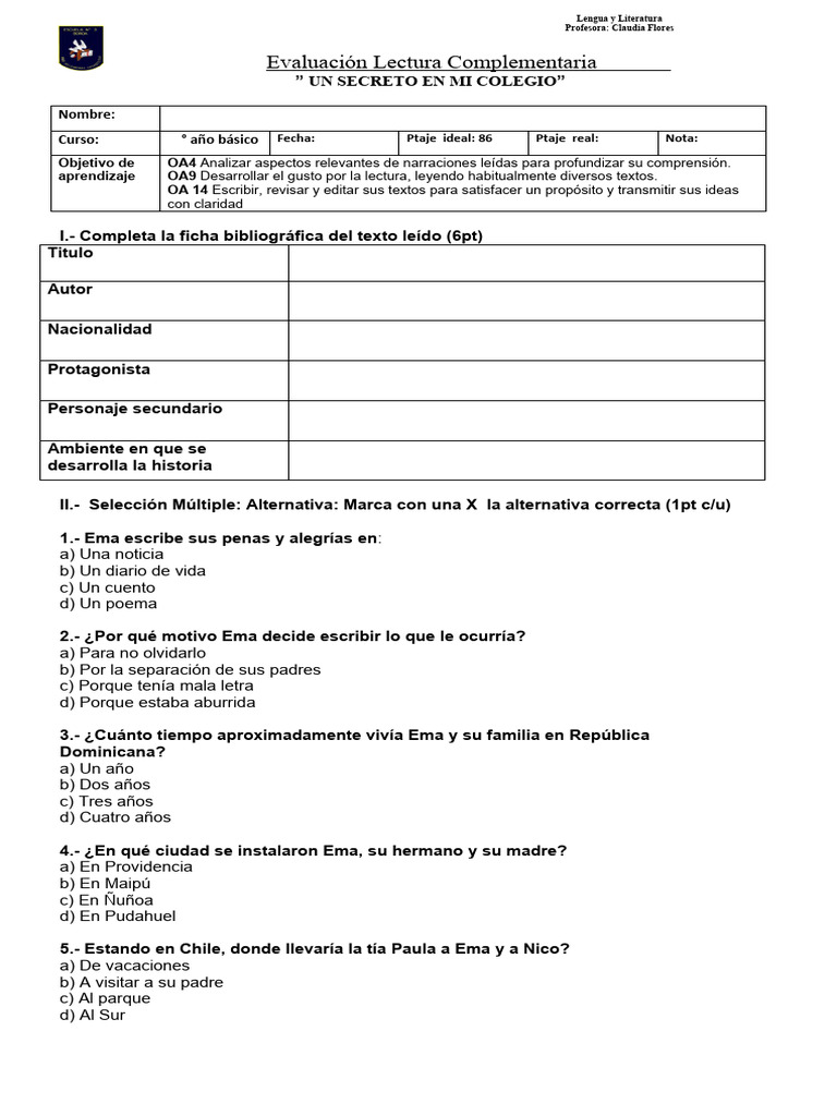 Evaluación Un Secreto en Mi Colegio | PDF