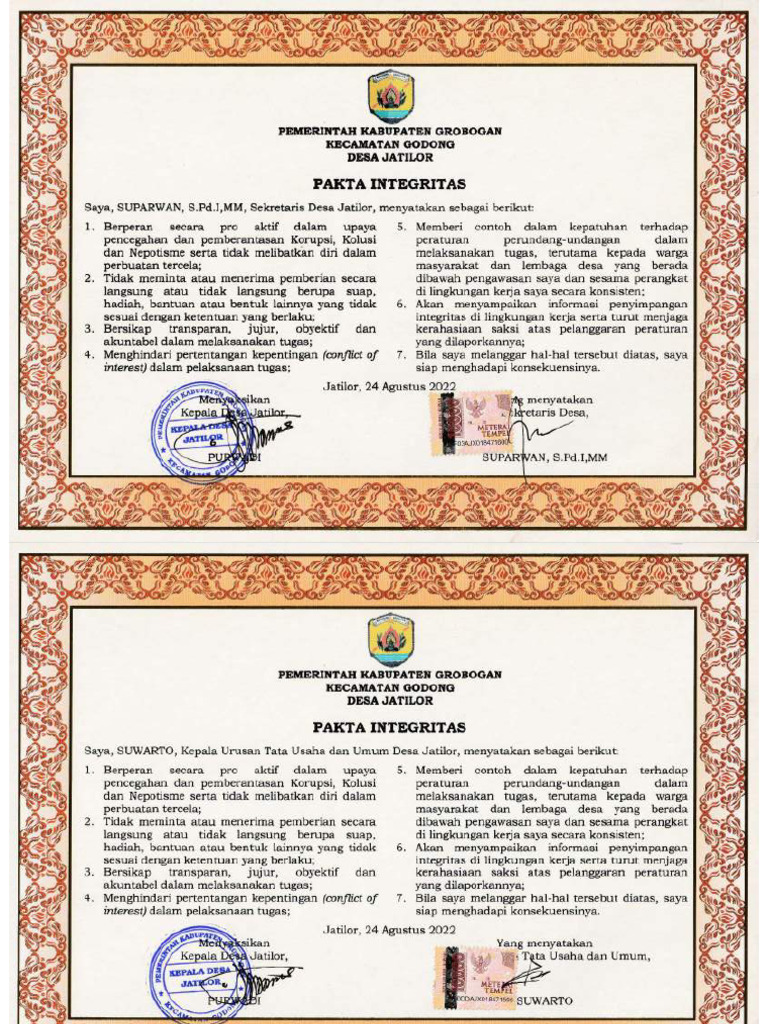Penandatanganan pakta integritas oleh kepala desa di Madiun