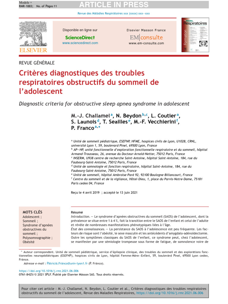 Critères de diagnostic du SAOS adolescent | PDF | Trouble du déficit de ...