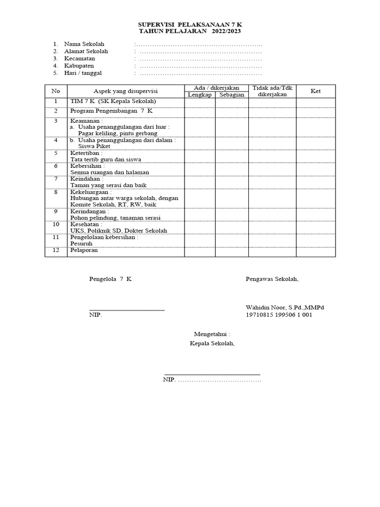 Supervisi Pelaksanaan 7 K Sekolah 2022/2023 | PDF