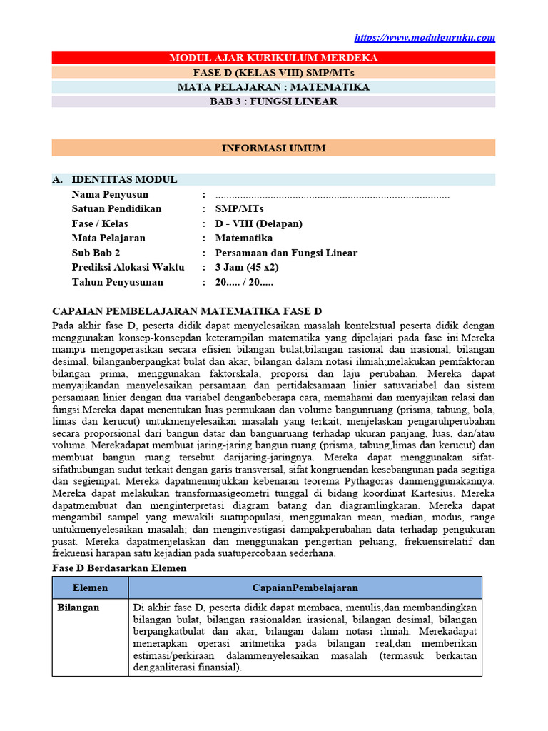 Modul Ajar Matematika Fase D Kelas 8 Bab 3.2 | PDF