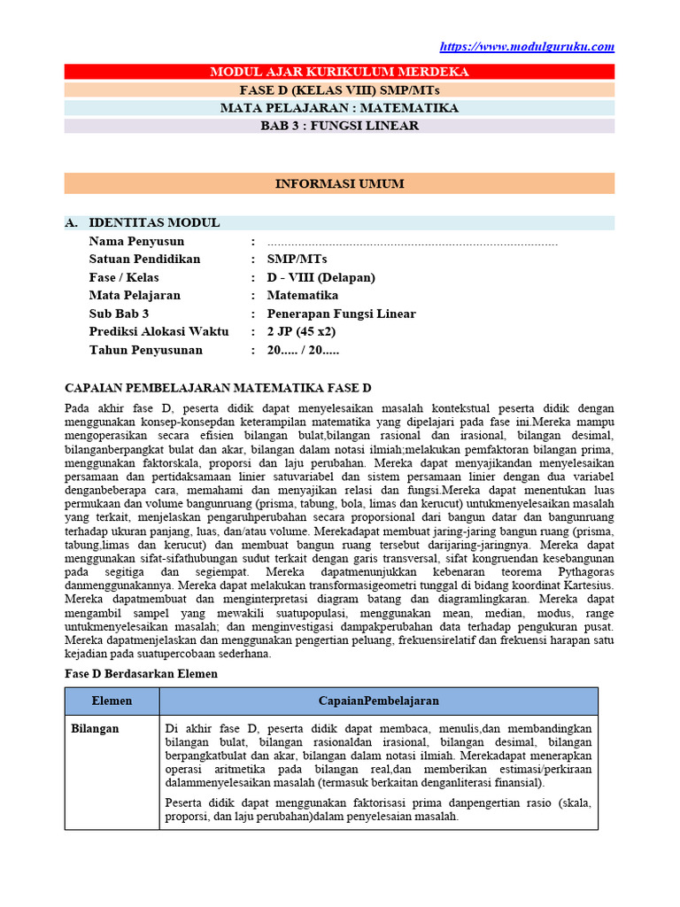 Modul Ajar Matematika Fase D Kelas 8 Bab 3.3 | PDF
