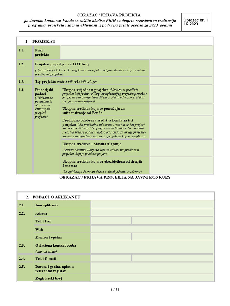 B Obrazac br.1 Prijava Projekta Na JK 2023 | PDF