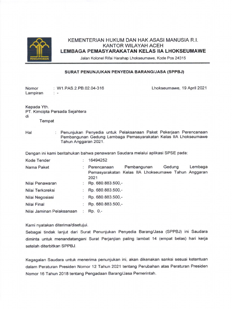 Penunjukan Penyedia Pembangunan Lapas Lhokseumawe | PDF