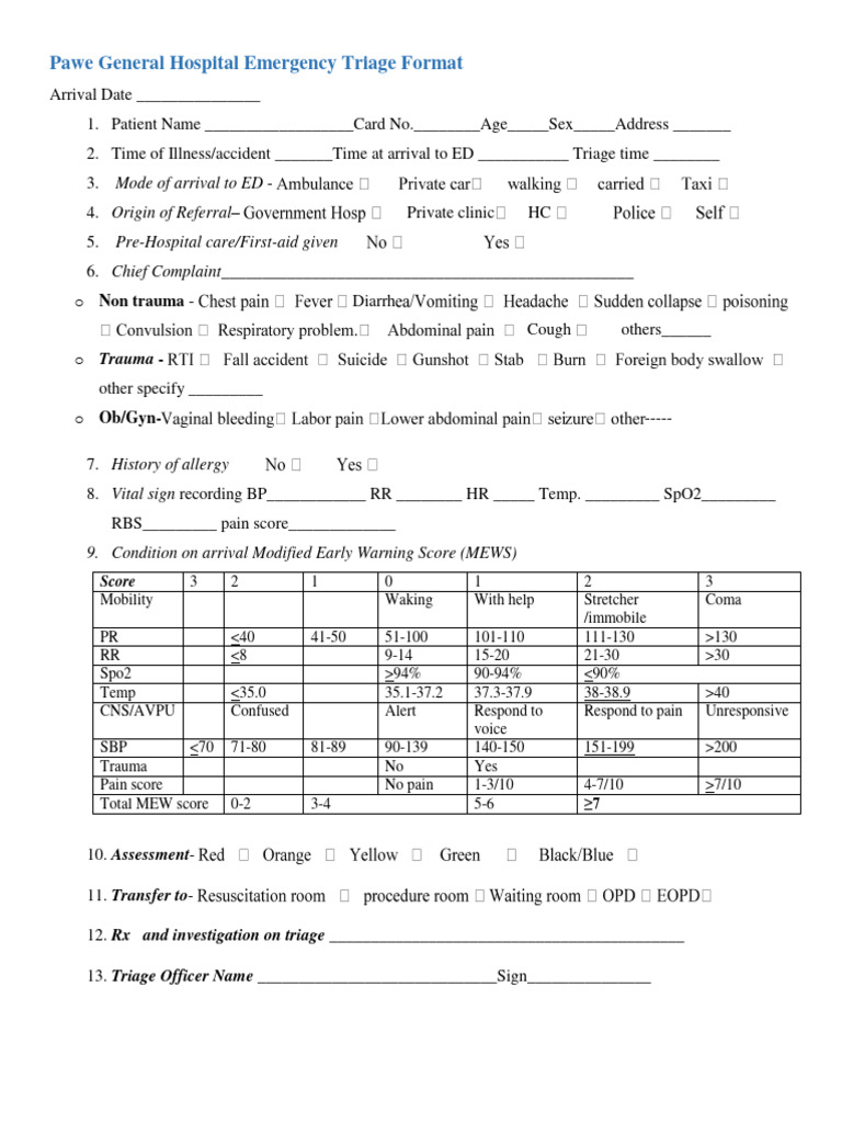 Pawe General Hospital Emergency And ETAT Triage Format PDF Medical 