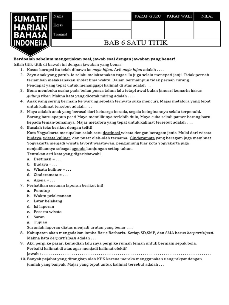Soal Bahasa Indonesia Kelas 4 Bab 6 | PDF