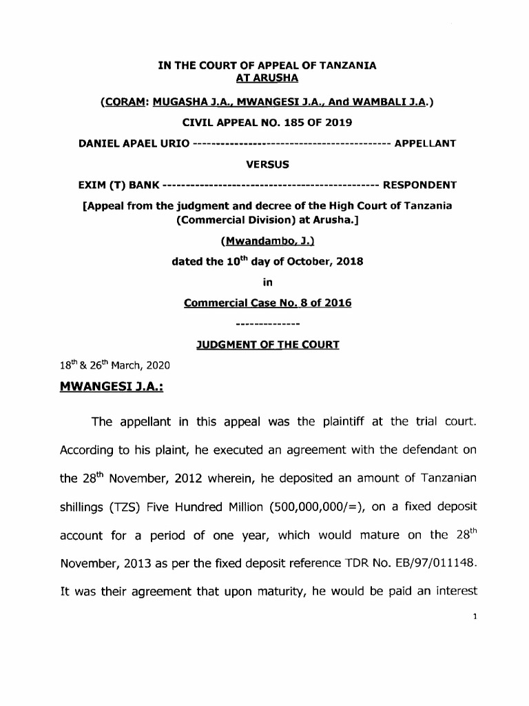 Civ app no 185 of 2019 daniel apael urio vs exim t bank new