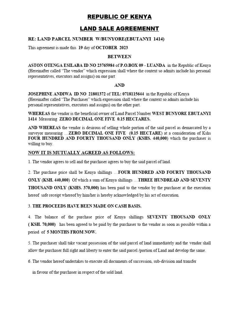 Land Sale Agreement Blank PDF Civil Law (Common Law) Property Law