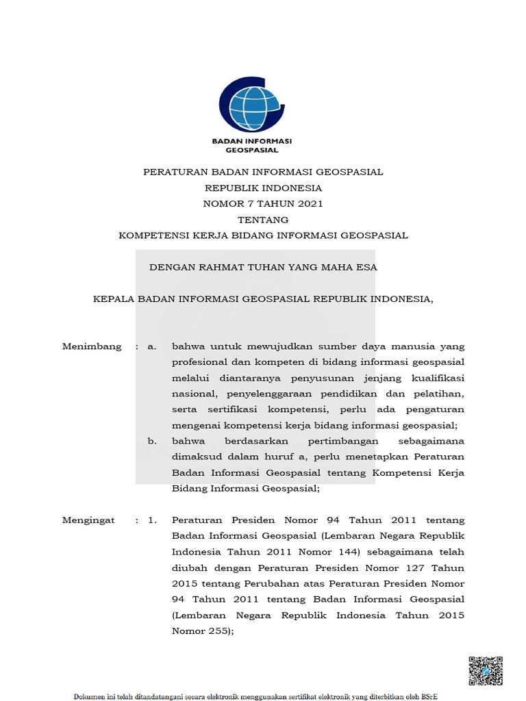 Peraturan Badan Informasi Geospasial Nomor 7 Tahun 2021 Tentang
