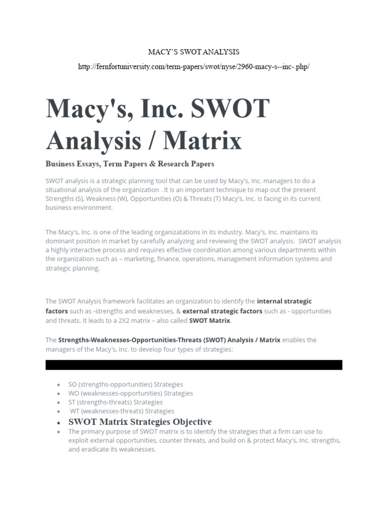 MACY SWOT Analysis PDF Swot Analysis Retail