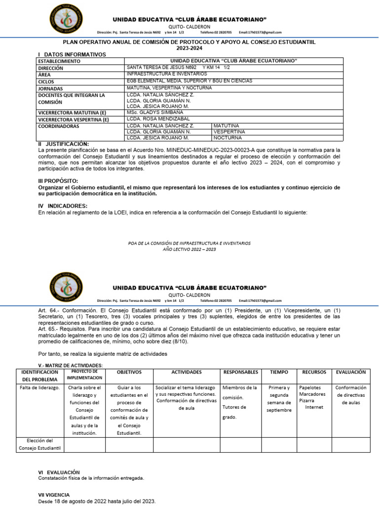 Plan Operativo Anual 2023-2024 del Consejo Estudiantil | PDF