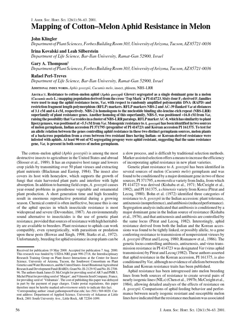 Mapping of CottonMelon Aphid Resistance in Melon PDF