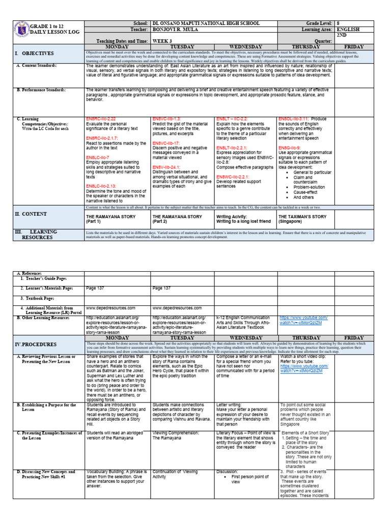 Grade 8 English Lesson Plan | PDF | Learning | Teachers
