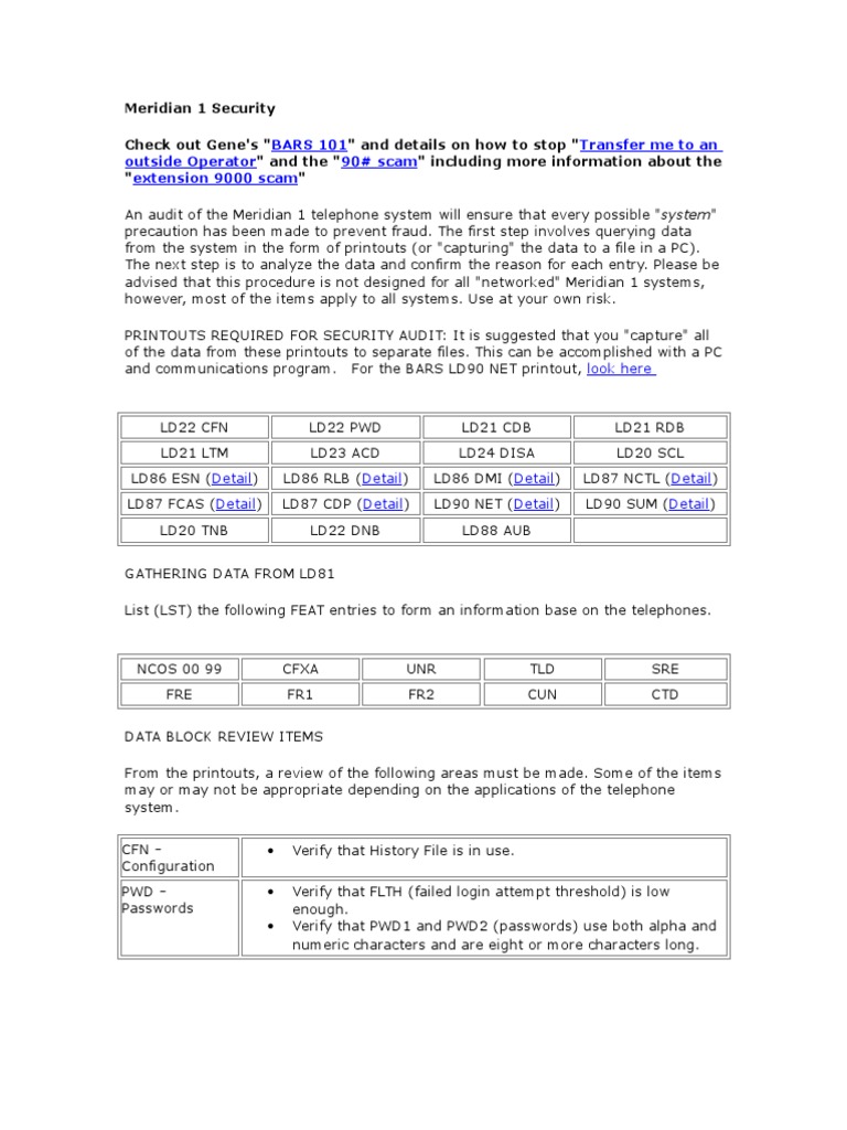 Meridian 1 Security | PDF | Telephone Numbering Plan | Telephony