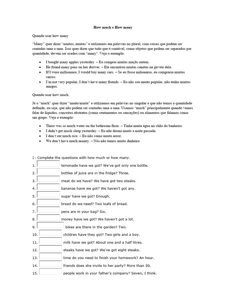 Uso de How Much e How Many | PDF