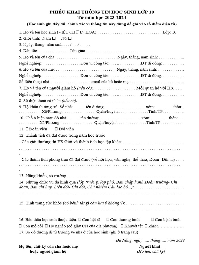 PHIEU KHAI THONG TIN HOC SINH- KIEU SO YEU LY LICH (K10) | PDF