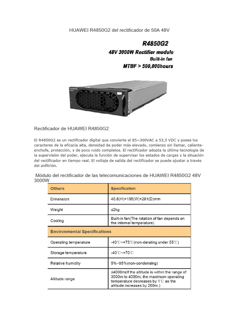 Rectificador Huawei R4850G2 50A 48V | PDF