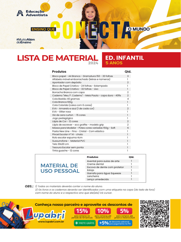 Lista de Material Escolar 2024 Infantil | PDF