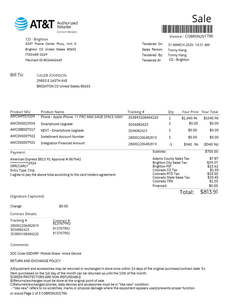 Bill To:: 2237 Prairie Center Pkwy, Unit A Brighton CO United States ...