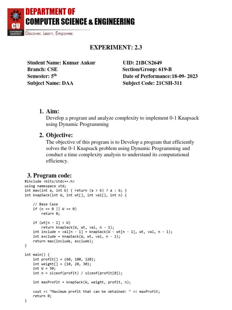 0-1 Knapsack Problem with DP Analysis | PDF