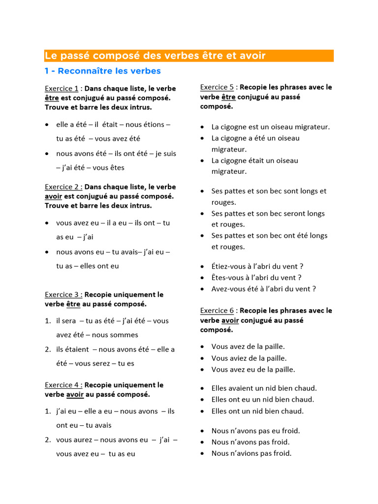 Exercices sur le passé composé des verbes être et avoir | PDF ...