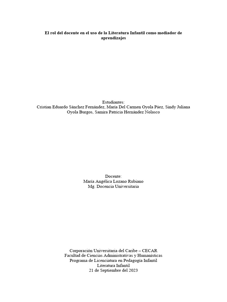Rol del docente en la literatura infantil | PDF | Literatura infantil ...