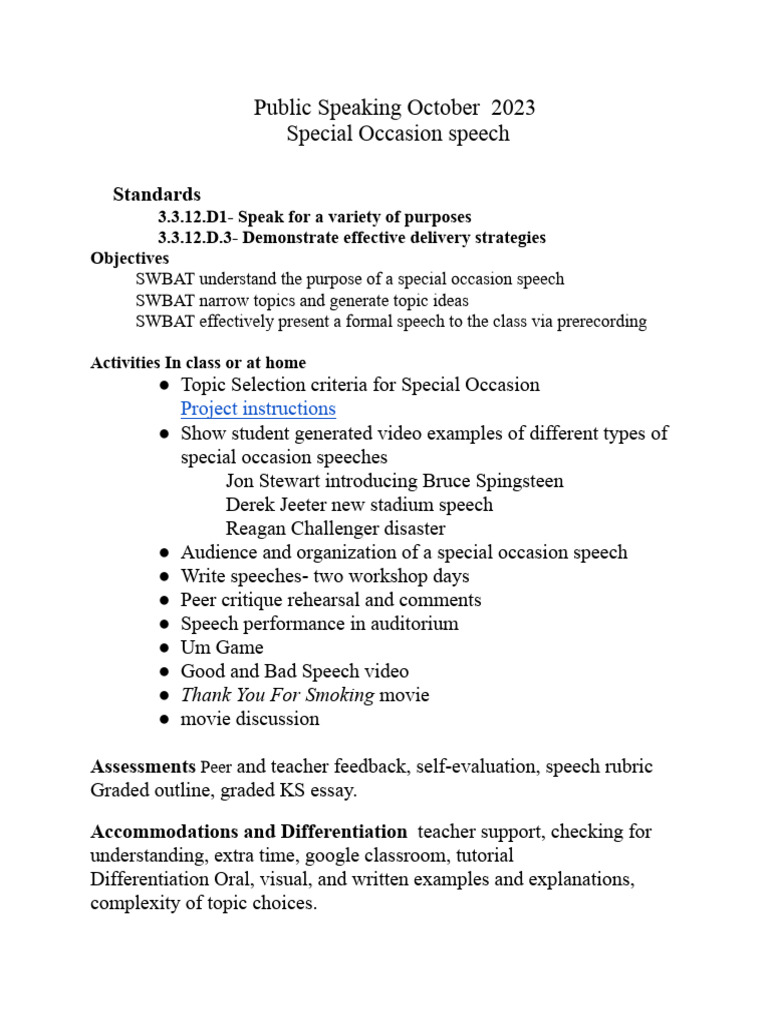 Public Speaking Special Occasion Speech 2023 PDF