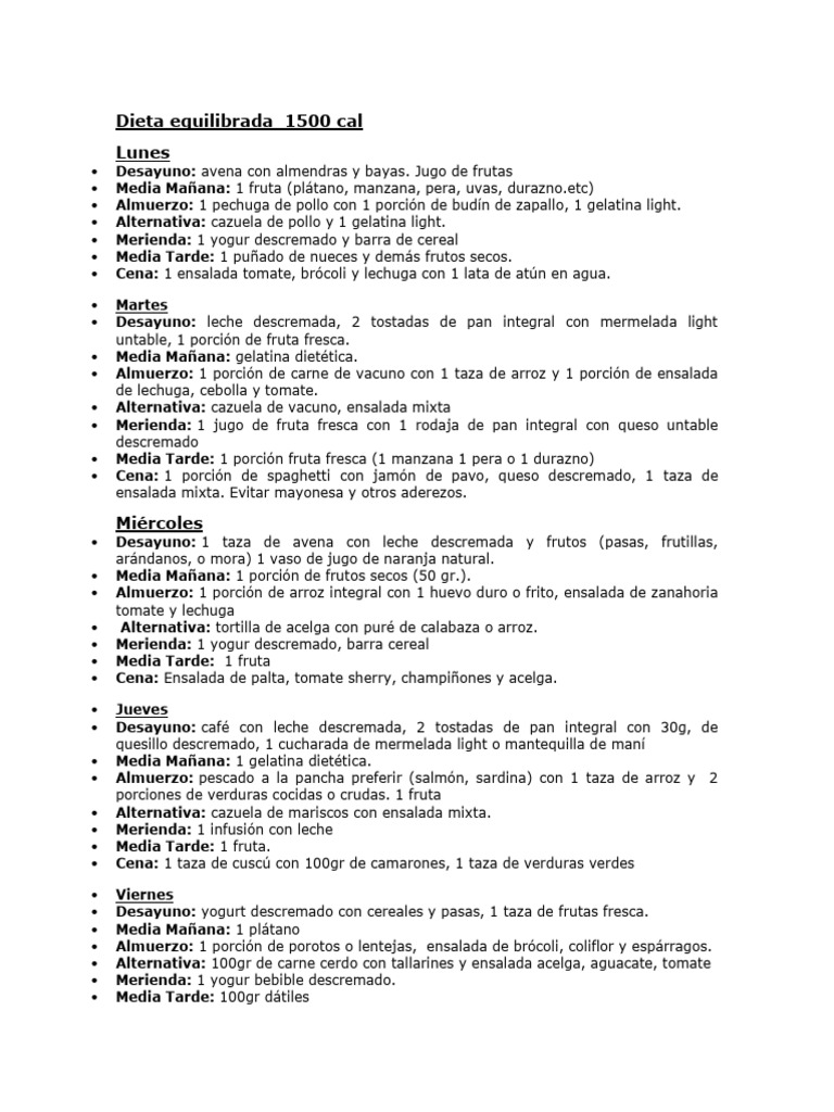 Dieta Equilibrada de 1500 Calorías | PDF | Alimentos | Cocina