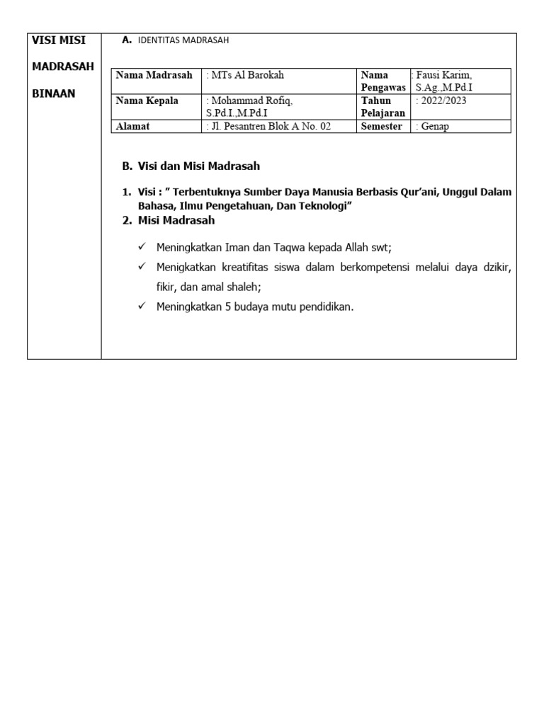 Visi Misi Mts Al Barokah Pdf