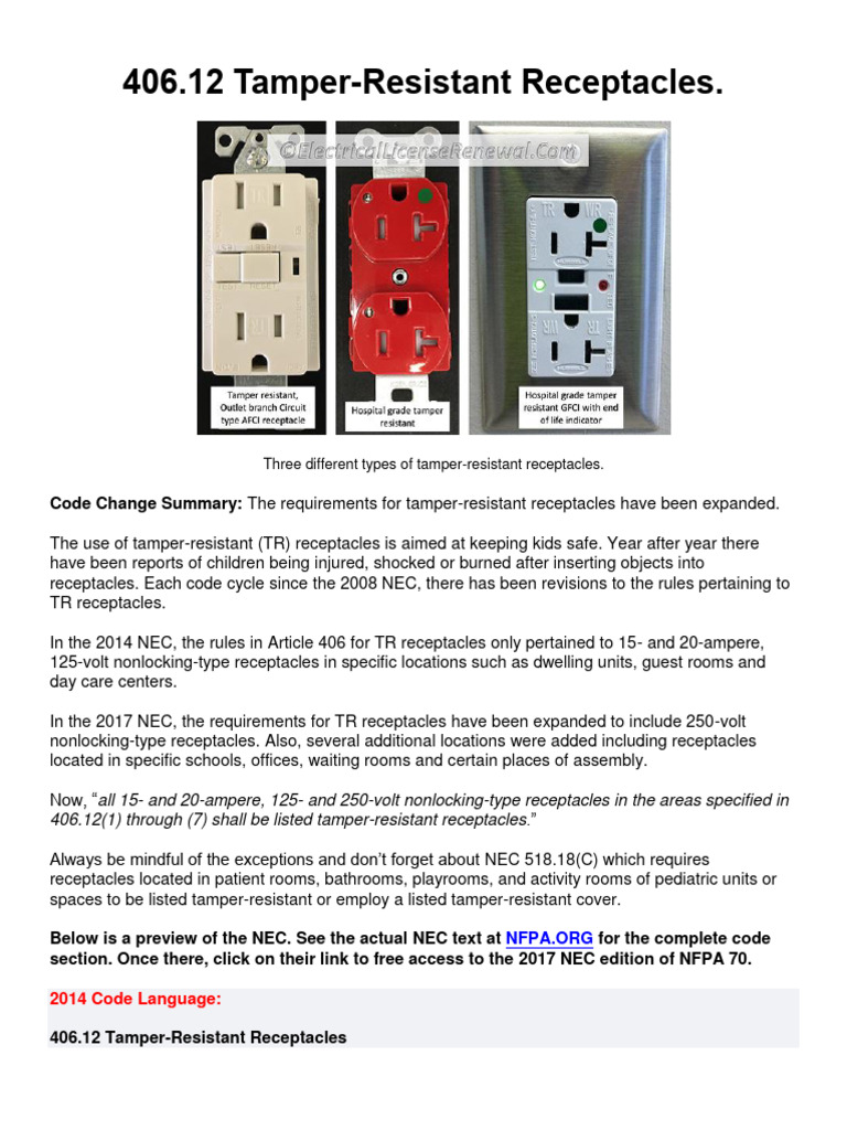 Articulo 406.12 NEC Receptaculos Tamper Resistant PDF Health Care
