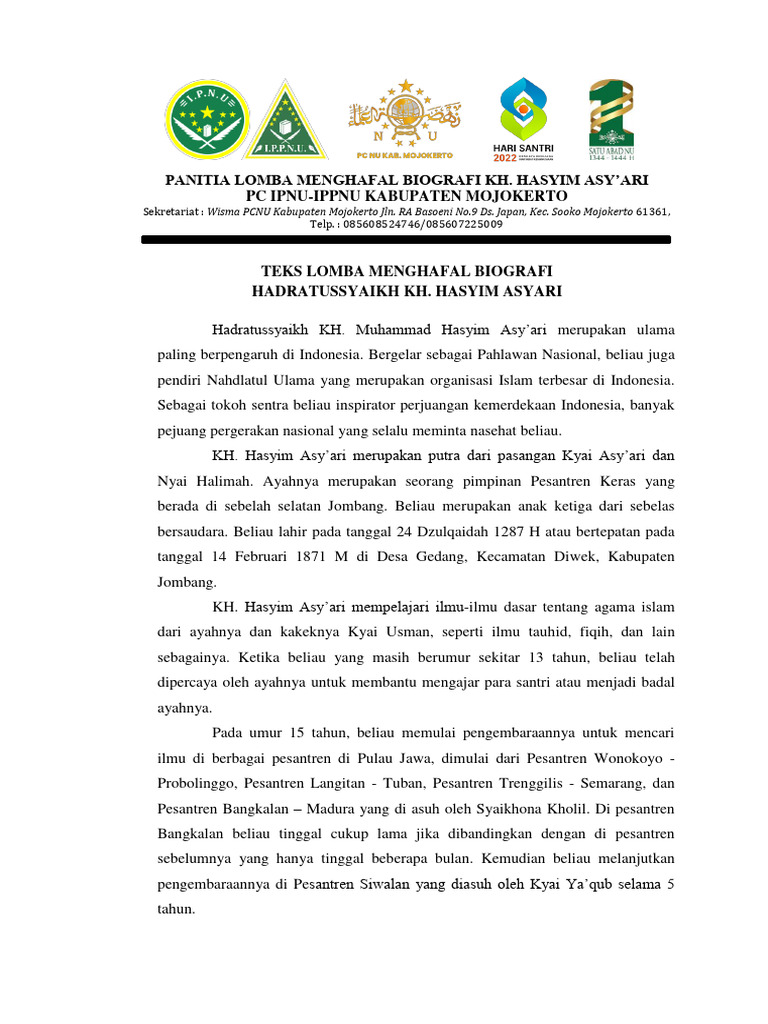 Teks Biografi KH. Hasyim Asy'ari | PDF