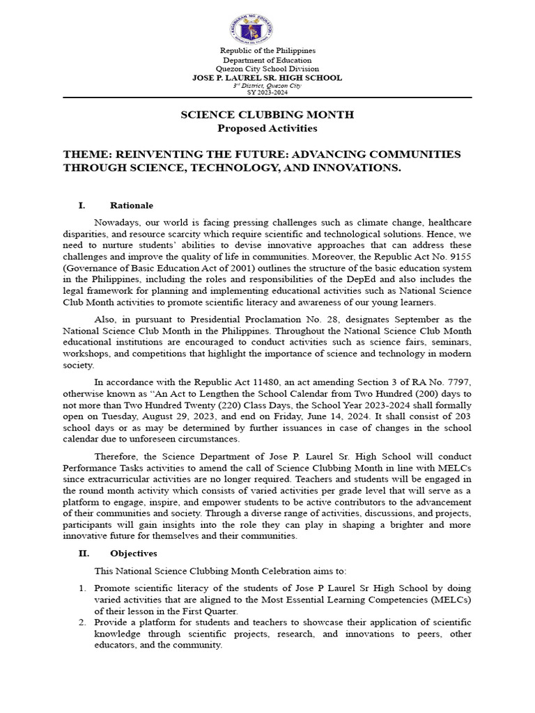 Science Club Month 2025 Activities Plan | PDF