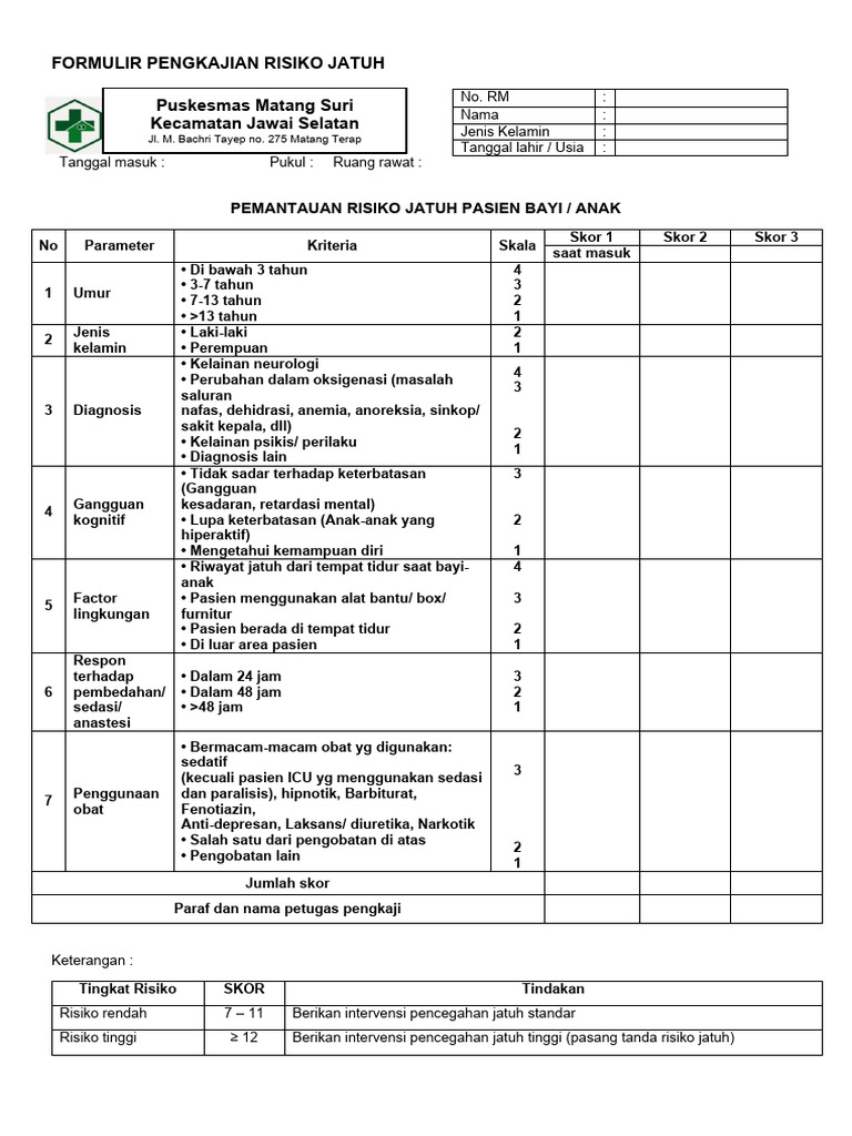 Pengkajian Risiko Jatuh Pasien Bayi Atau Anak Pdf