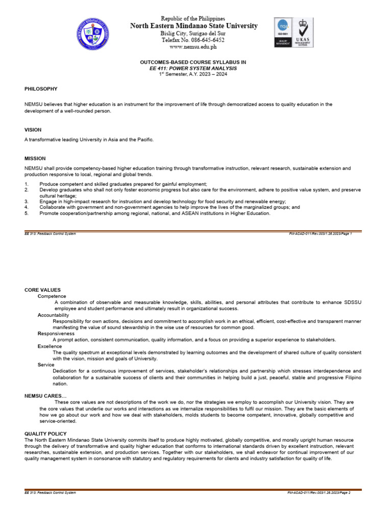 EE 313: Feedback Control System Syllabus | PDF | Control Theory ...