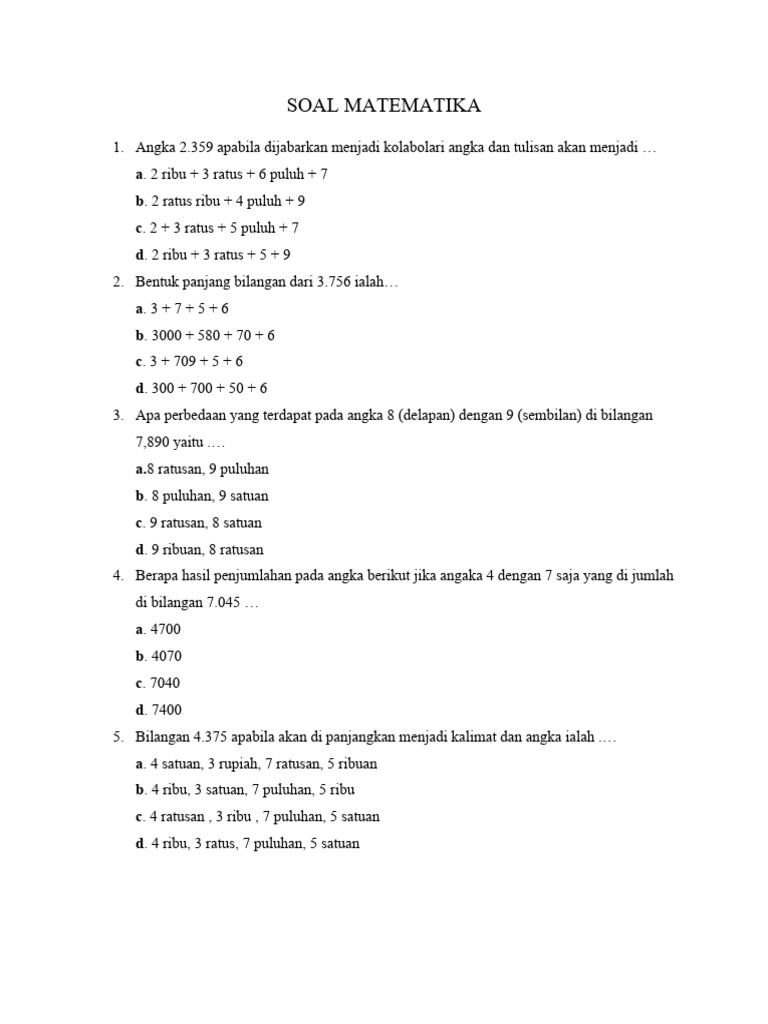 Soal Matematika: Ratusan, Puluhan, Satuan | PDF