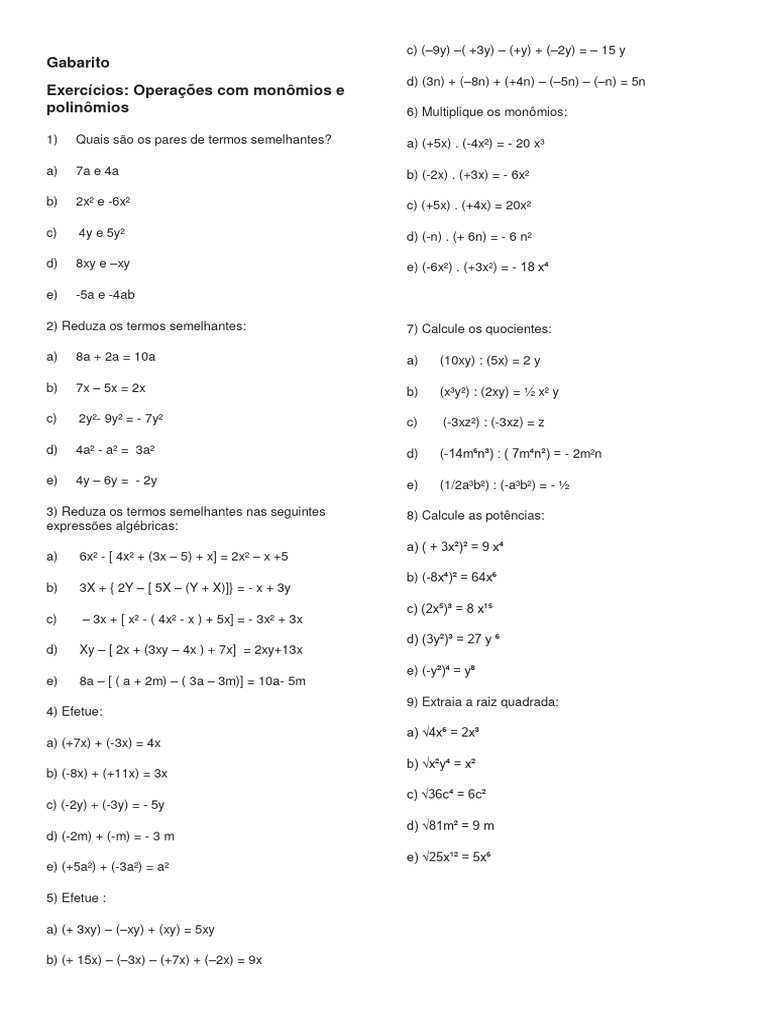 Gabarito: Operações com Monômios e Polinômios | PDF | Matemática | Álgebra