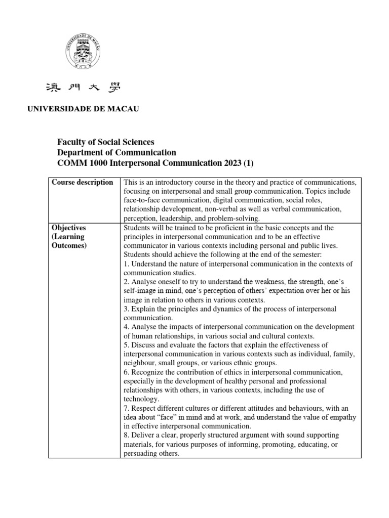 COMM1000 Interpersonal Communication Course Outline 2023 | PDF ...