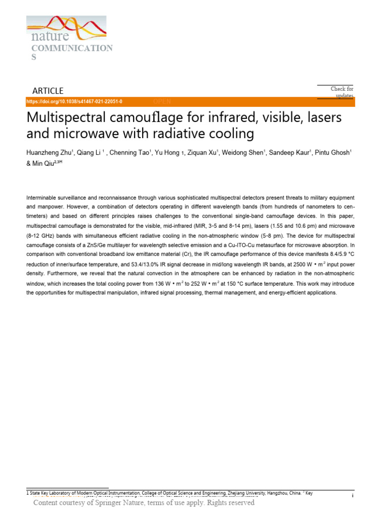 Multispectral Camouflage with Radiative Cooling | PDF | Infrared ...