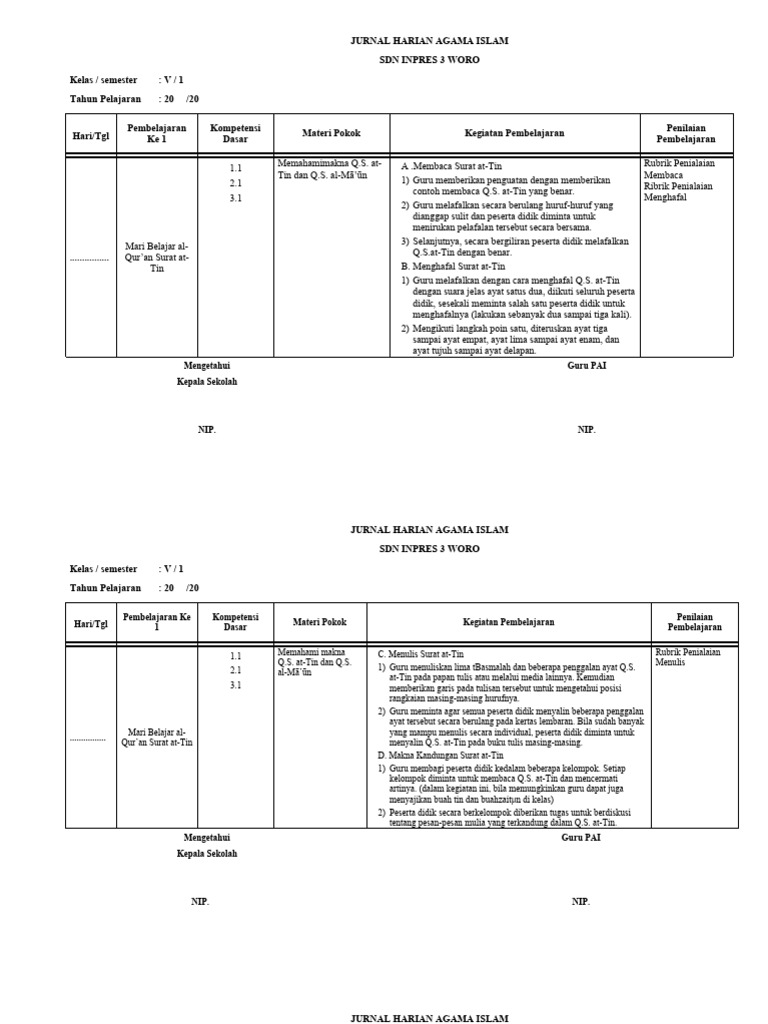 Jurnal Harian Pai Kelas 5 Semester 1 Pdf