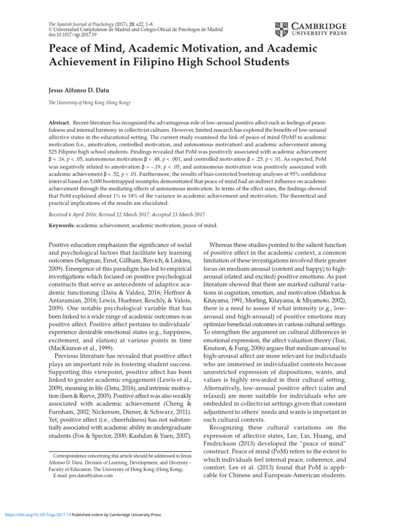 Peace of Mind and Academic Motivation | PDF | Motivational | Motivation