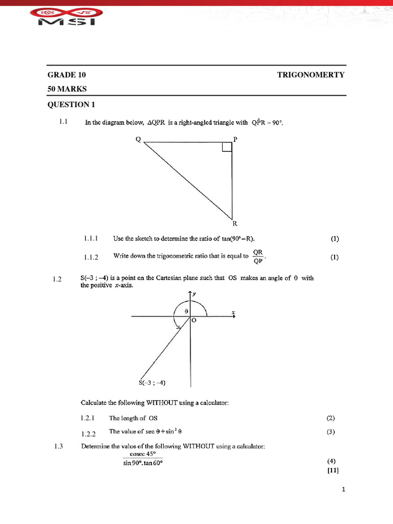 Grade 10 trigonometry questions pdf