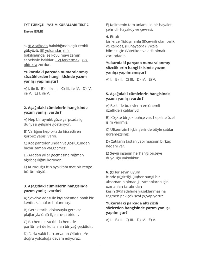 Tyt Turkce Yazim Kurallari Test Sorulari Ve Cevaplari 2 | PDF