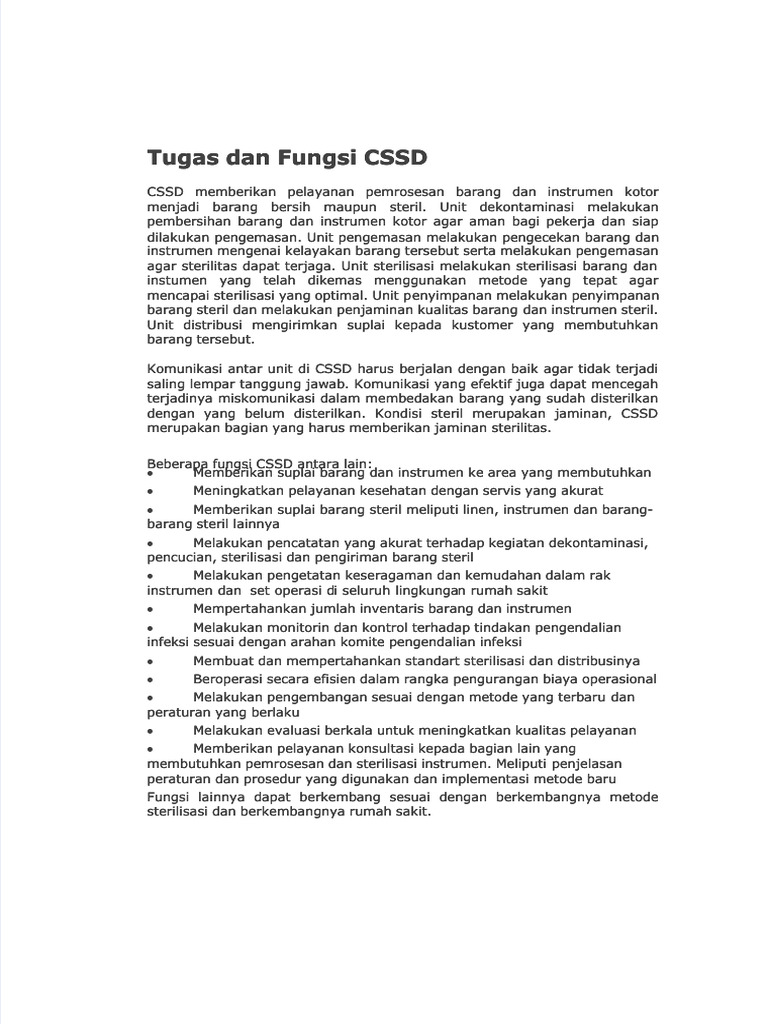 Tugas dan Fungsi CSSD di Rumah Sakit | PDF