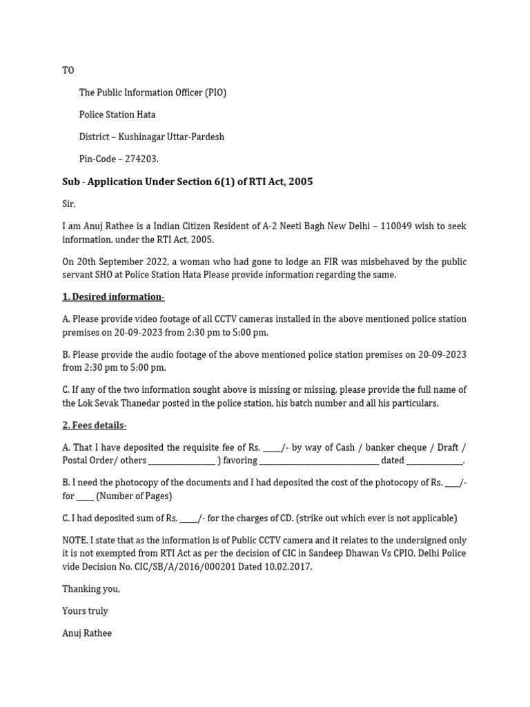 Sub application under section 6 1 of rti act 2005 1 desired