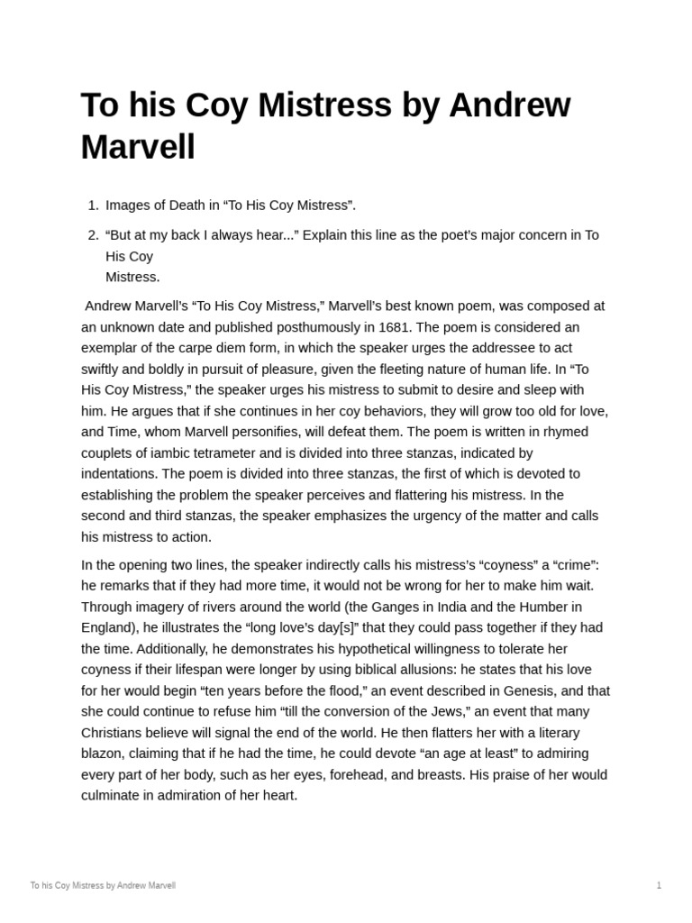 To His Coy Mistress Andrew Marvell PDF