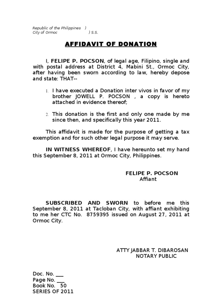 Affidavit of Donation