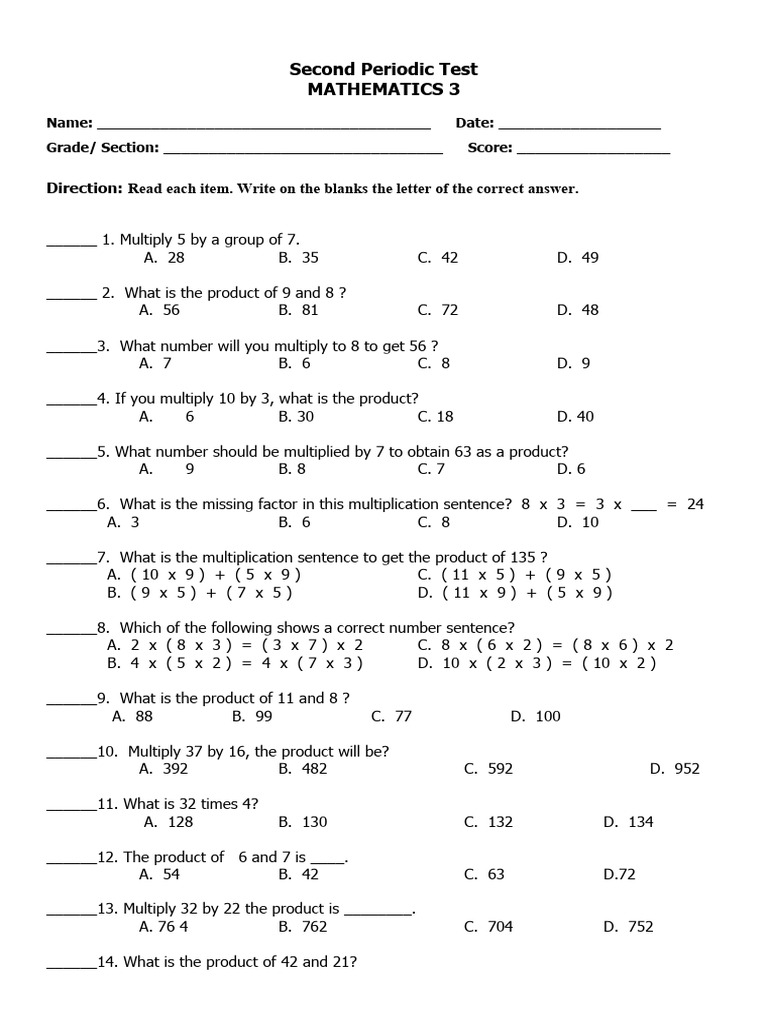 Grade 3 Math Periodical Test 2ndQuarter | PDF