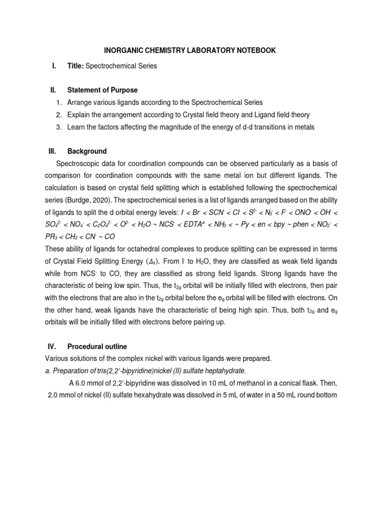 Lab Report - Spectrochemical Series | PDF | Coordination Complex | Ligand