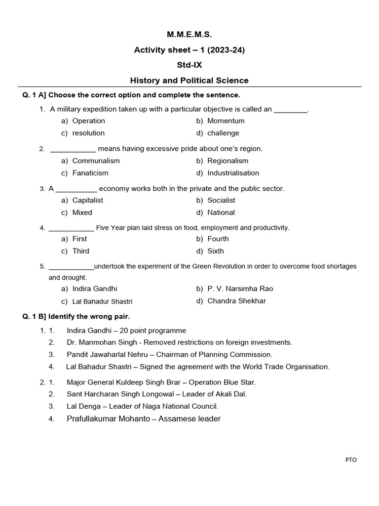 9th History Activity Sheet - I | PDF | Economies